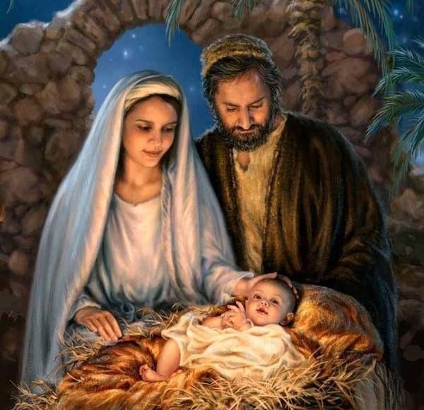 the holy family, Mary, Joseph and Jesus lying in a manger