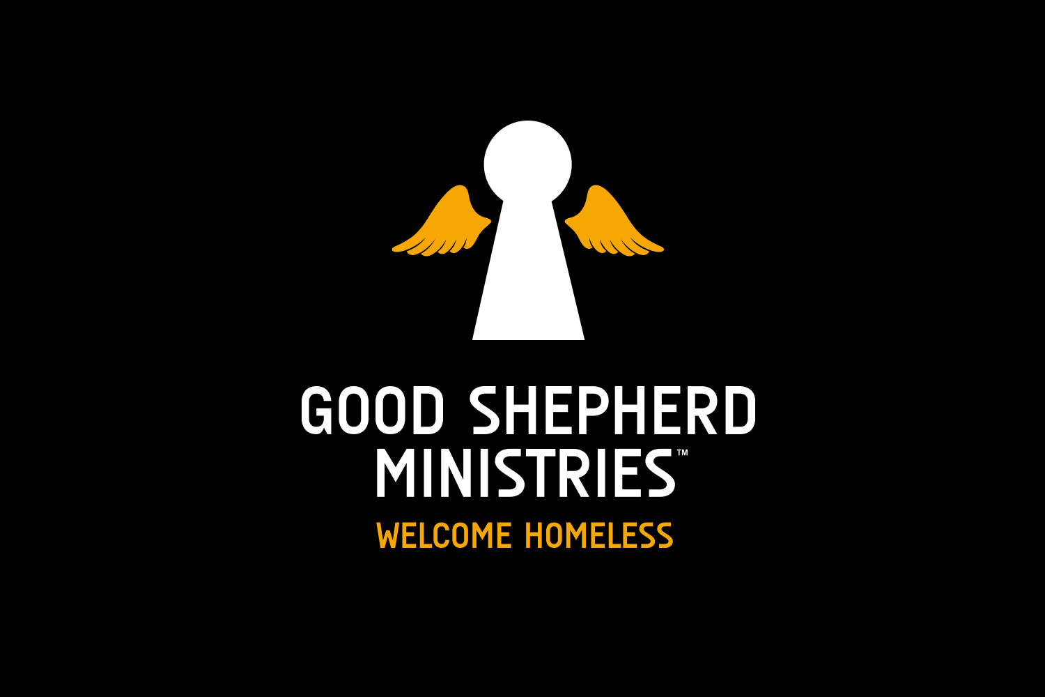 logo for the good shepherd ministries, a white figure with gold wings behind it on a black background