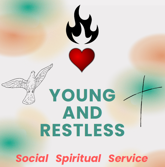 heart with a flame above it, a dove and a cross. With the title young and restless.