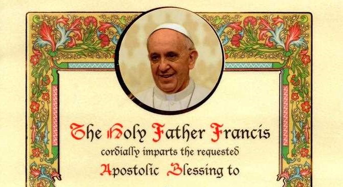 A picture of Pope Frnacis on parchment surrounded by a floral border
